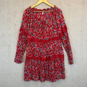 Red Camel Boho Floral Dress Red Lace Trim Long Sleeve Plus Size 1X